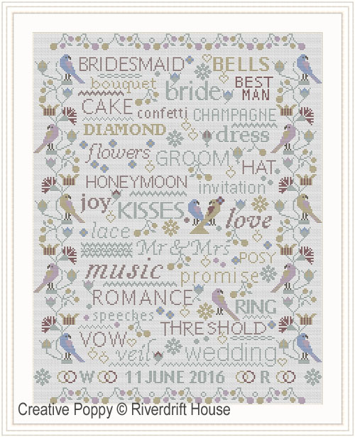 Riverdrift House - Birds and Words - Wedding / Anniversary Sampler zoom 4 (cross stitch chart)