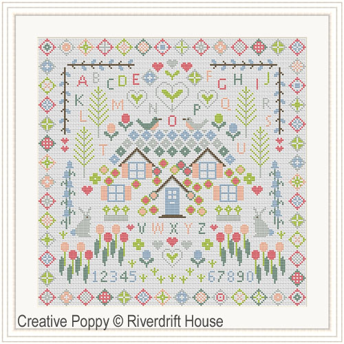 Spring Cottage Sampler, cross stitch pattern by Riverdrift House