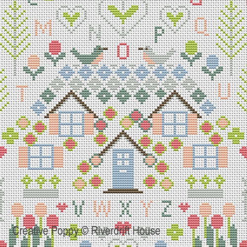 Riverdrift House - Spring Cottage Sampler zoom 1 (cross stitch chart)