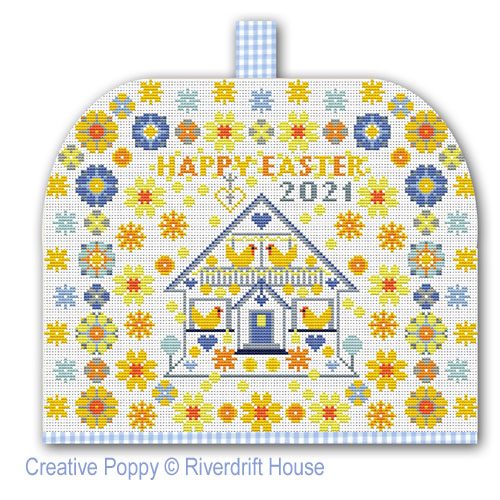 Happy Easter (Sampler or Tea cosy) cross stitch pattern by Riverdrift House, zoom 1