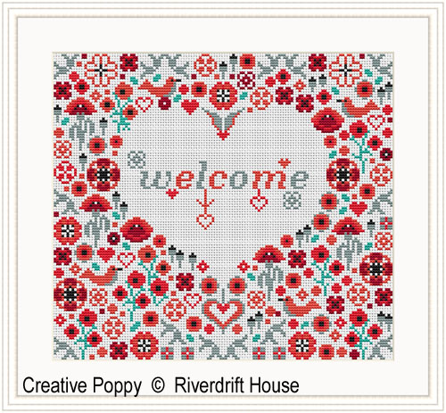 Welcome Poppy Heart cross stitch pattern by Riverdrift House