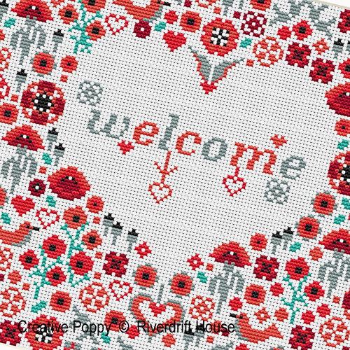 Welcome Poppy Heart cross stitch pattern by Riverdrift House, zoom 1