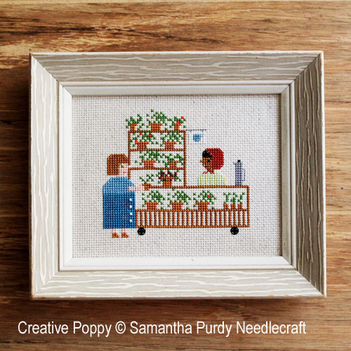 Coffee and Plant cart cross stitch pattern by Samantha Purdy Needlecraft