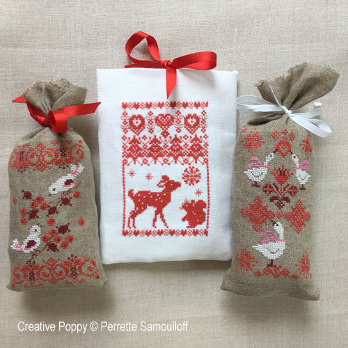 Small Christmas gift bags - Birds, Geese and Deer & Squirrel motifs, cross stitch pattern by Perrette Samouiloff