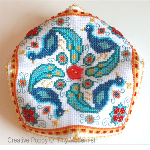 Peacock Biscornu cross stitch pattern by Tiny Modernist