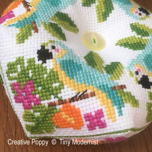 Parrot Biscornu cross stitch pattern by Tiny Modernist