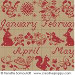 Red sampler calendar - cross stitch pattern - by Perrette Samouiloff (zoom 1)