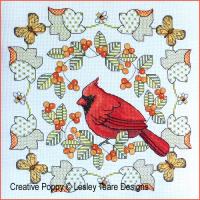 <b>Northern Cardinal in Autumn</b><br>Blackwork pattern<br>by <b>Lesley Teare Designs</b>