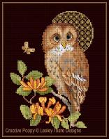 <b>Tawny Owl with decorative Moon</b><br>cross stitch pattern<br>by <b>Lesley Teare Designs</b>