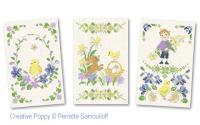 Perrette Samouiloff - 3 Easter motifs - Easter chick, Surprise encounter, The newly hatched chick (Cross stitch chart)