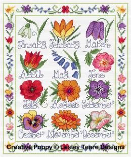 Flower Calendar sampler, cross stitch pattern, by Lesley Teare Designs