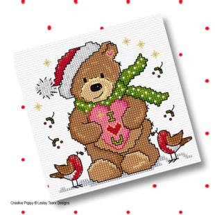 Cross-Stitched Bear with Star Christmas Ornament with Lace Boarder